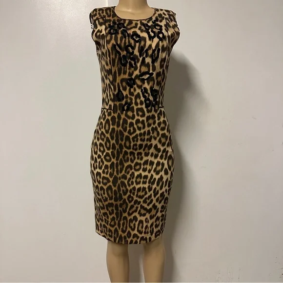 Blumarine Leopard Animal Print Midi Pencil Wool Dress Size Italy 42 US 6